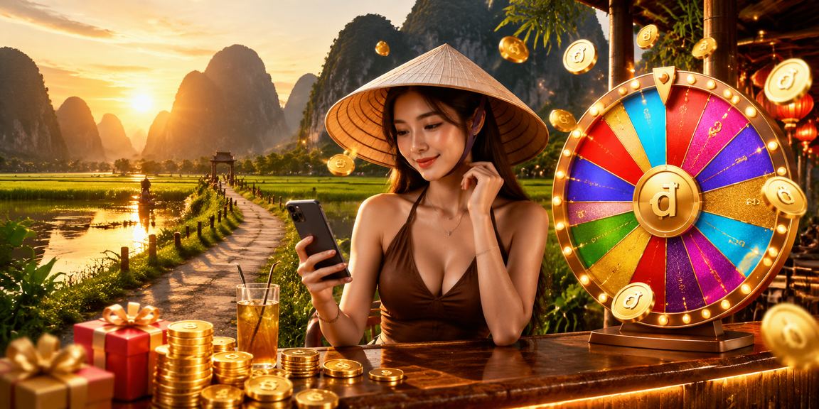Bối cảnh Ninh Bình với roulette và nón lá minh họa đánh giá casino